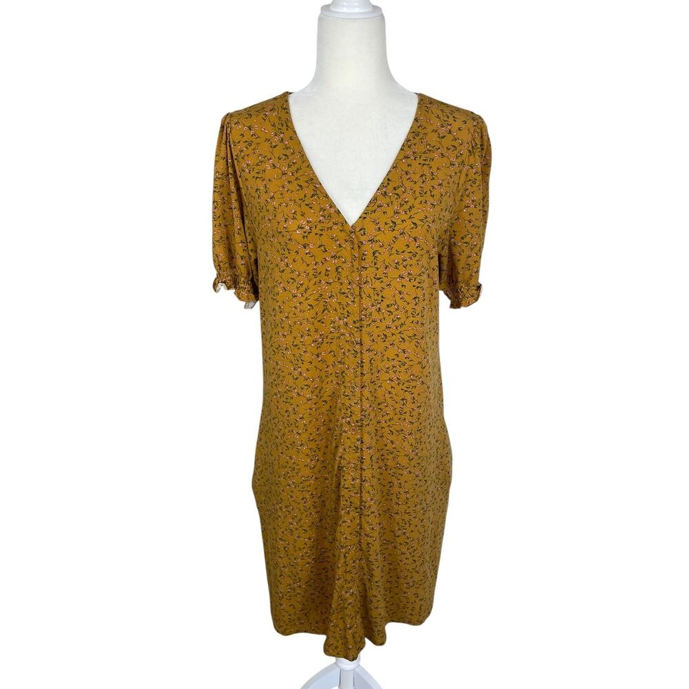 Garnet Hill Tencel Stretch Button Front Floral A-Line Dress Yellow Sz M Feminine